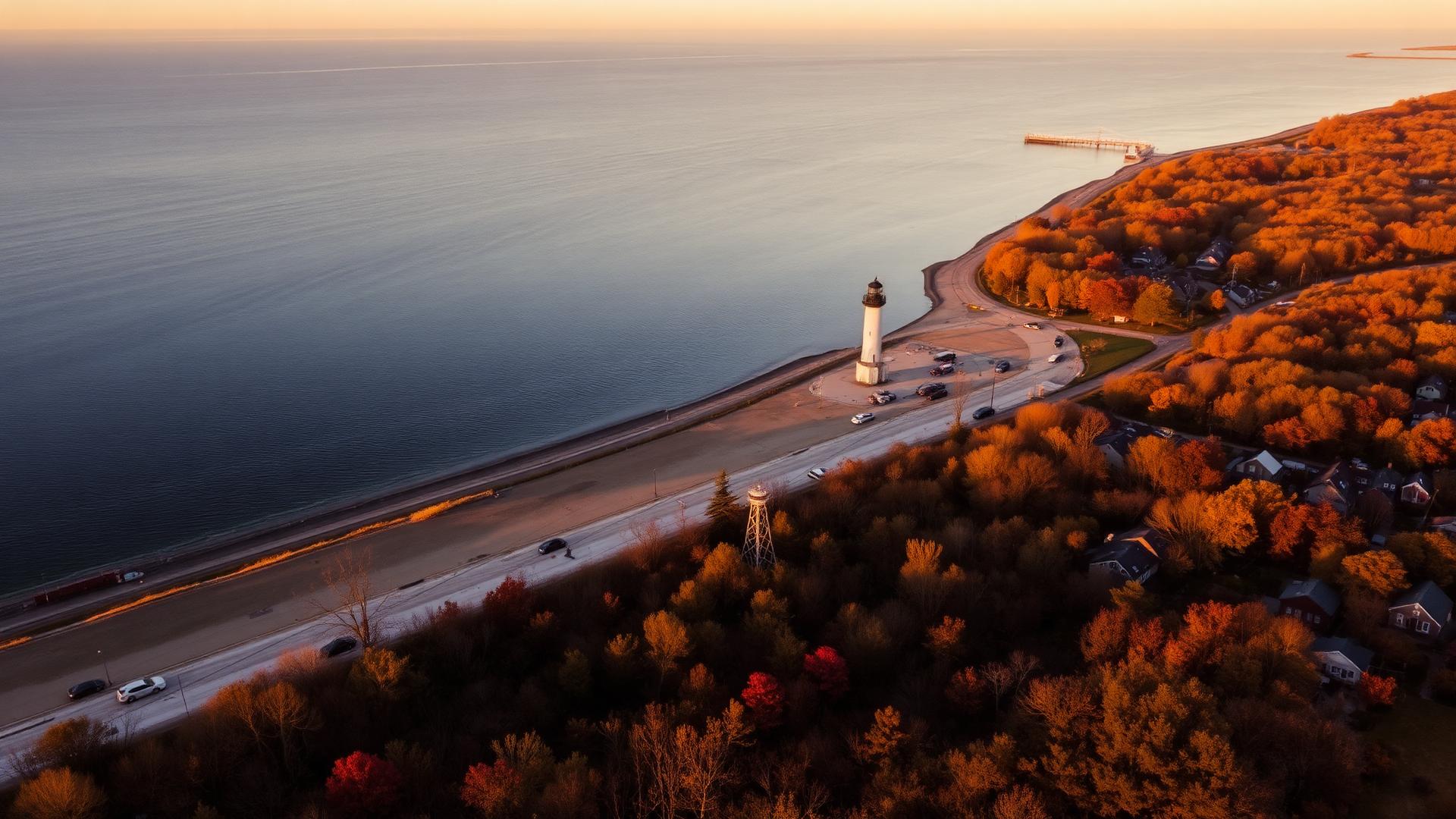 Lake Erie shoreline at golden hour with lighthouse